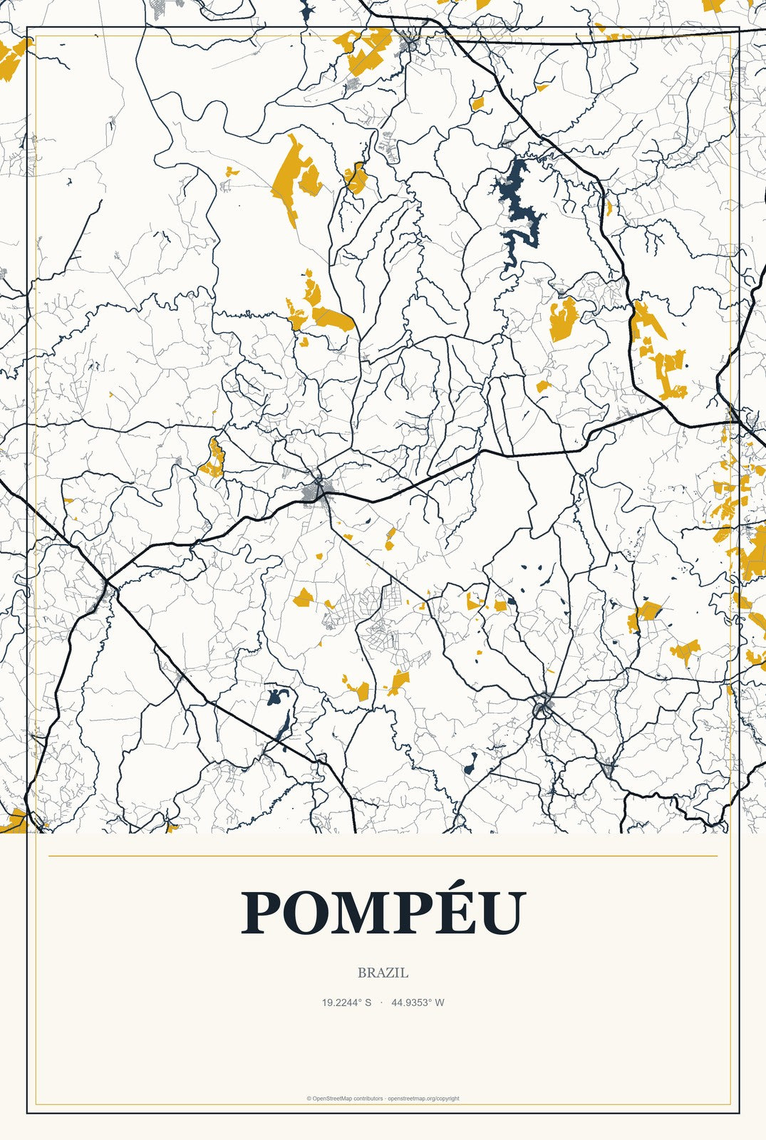 Pompéu, Brazil City Map Aluminum Sign in Citrine Modern style