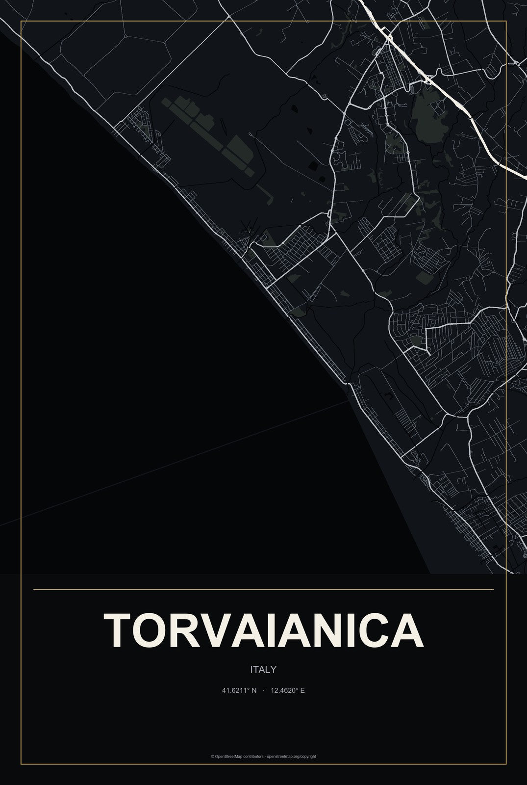Torvaianica, Italy City Map Aluminum Sign in Metropolitan Noir style