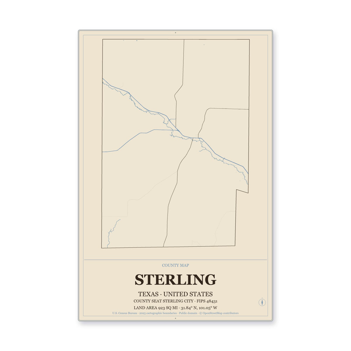 Sterling County, Texas Map Aluminum Sign in Heritage Nautical style