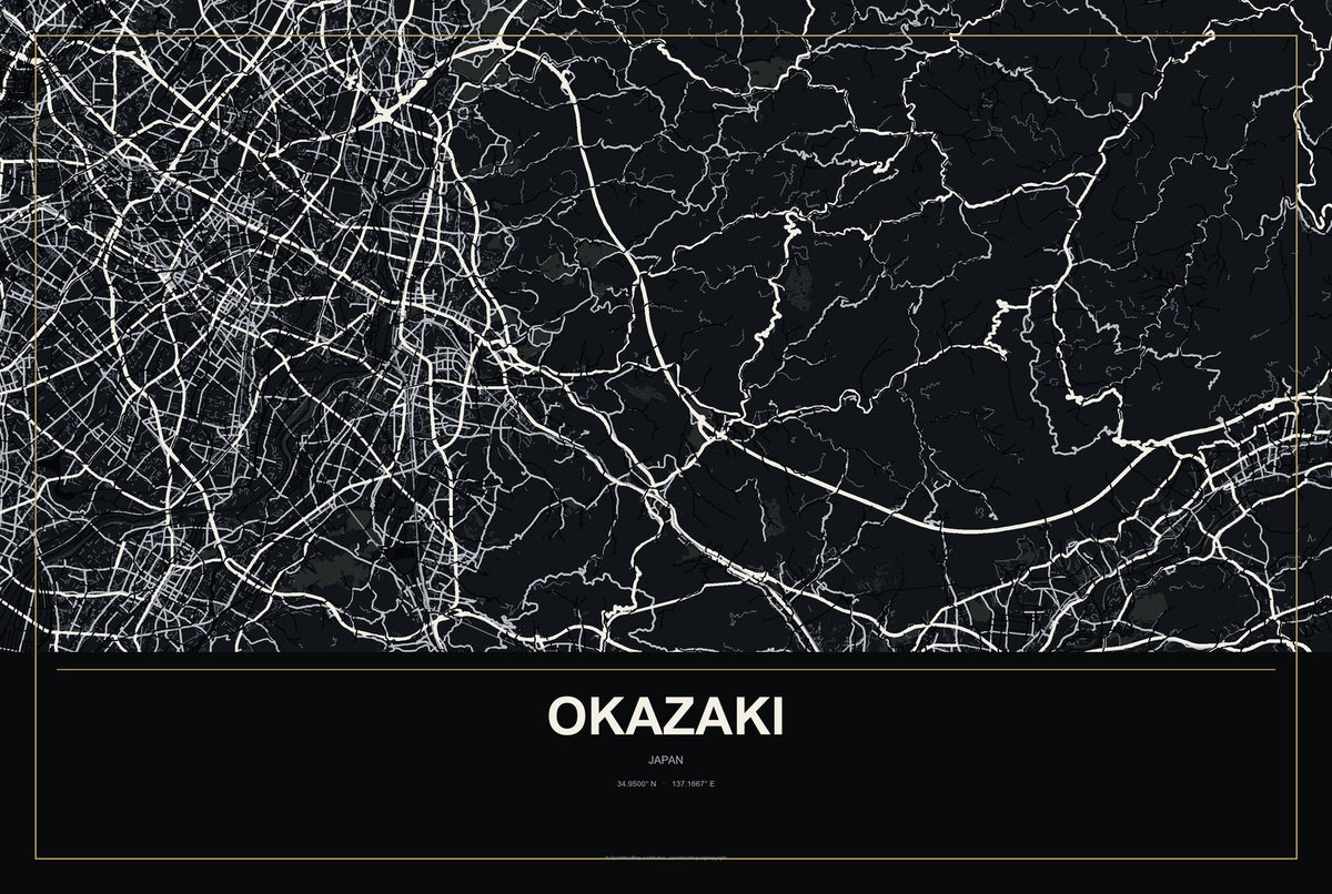 Okazaki, Japan City Map Aluminum Sign in Metropolitan Noir style
