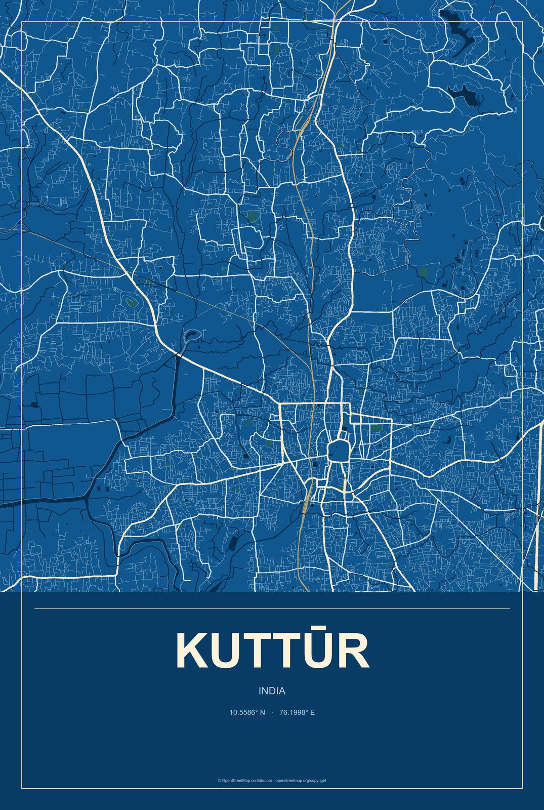 Kuttūr, India City Map Aluminum Sign in Harbor Cobalt style