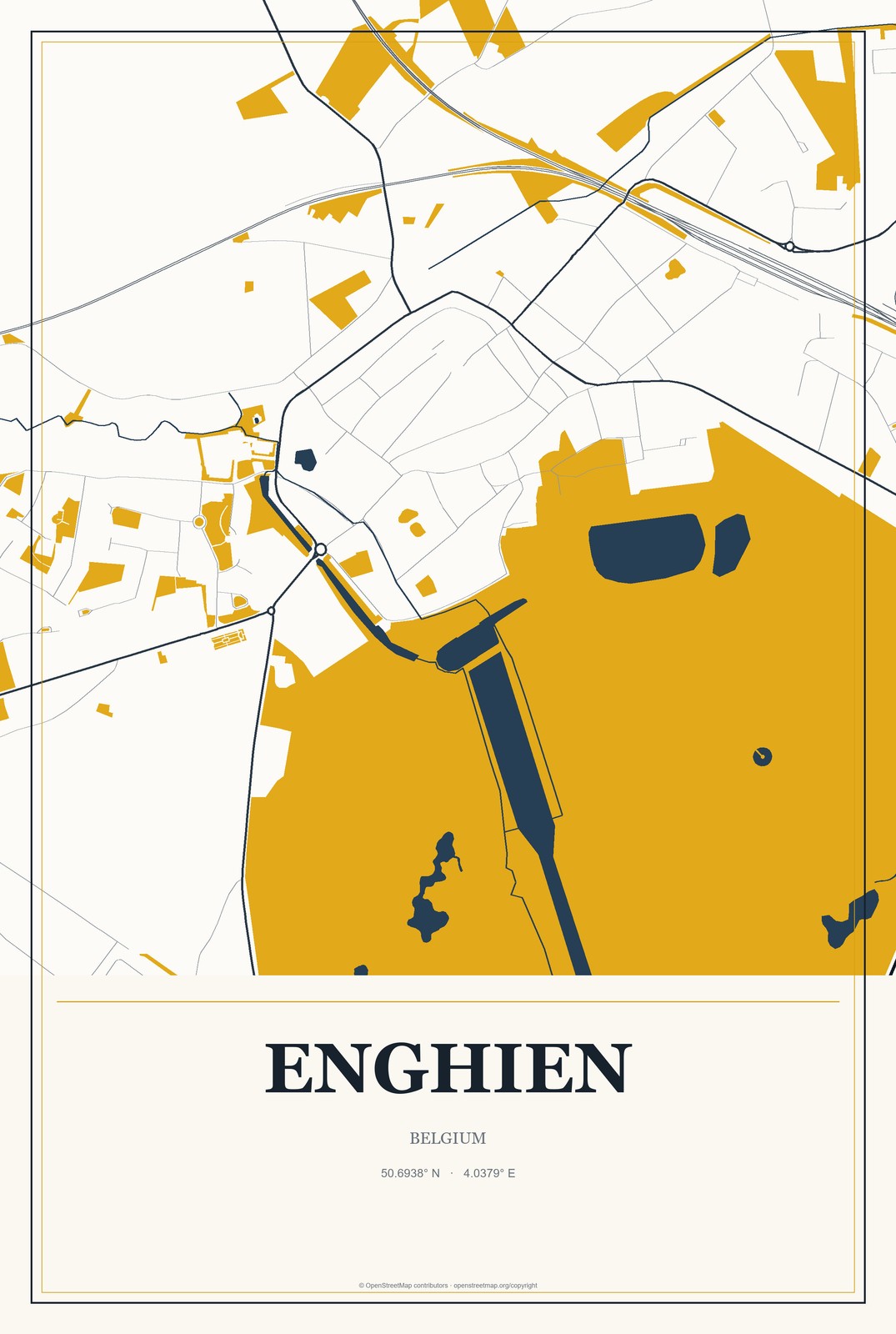 Enghien, Belgium City Map Aluminum Sign in Citrine Modern style