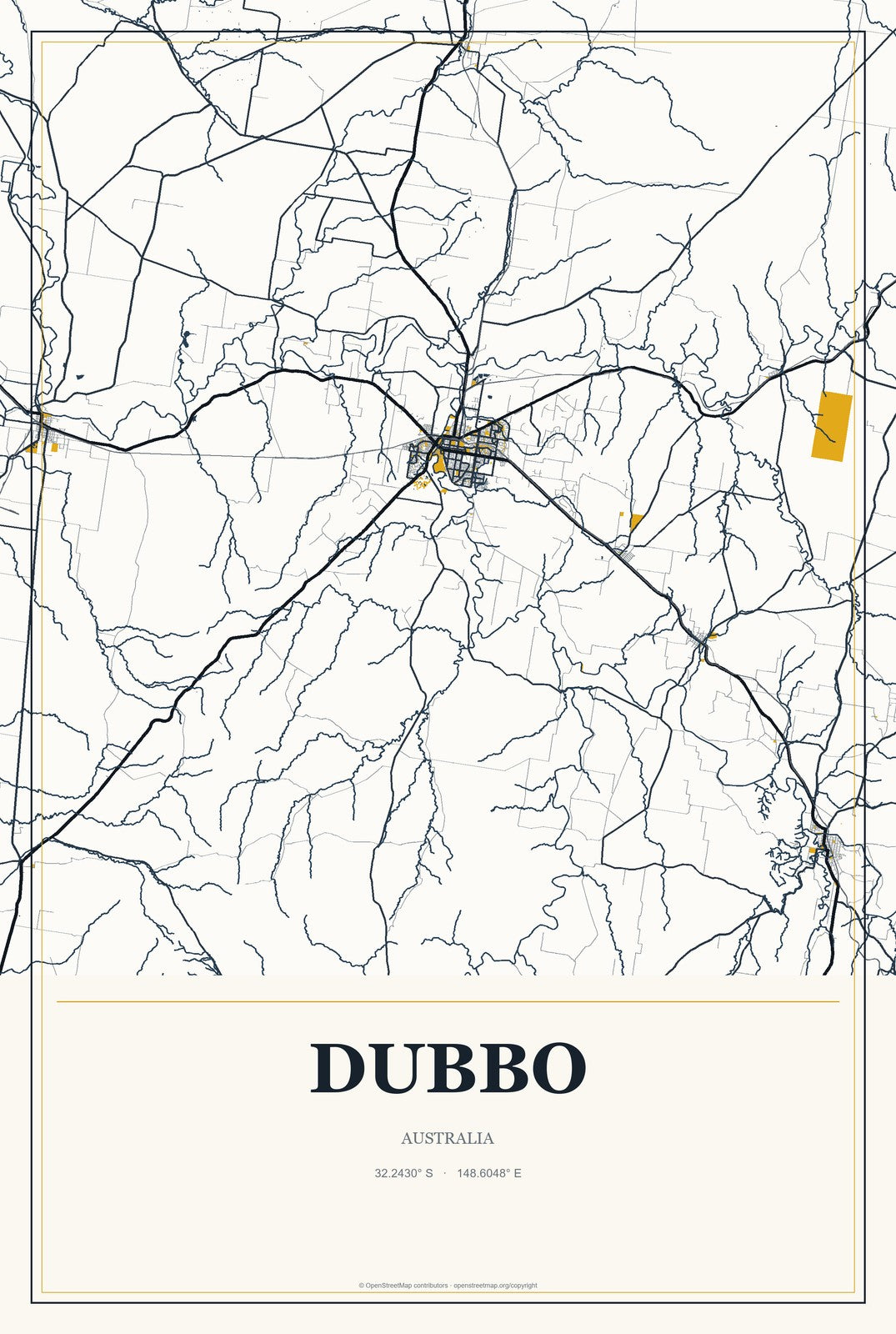 Dubbo, Australia City Map Aluminum Sign in Citrine Modern style