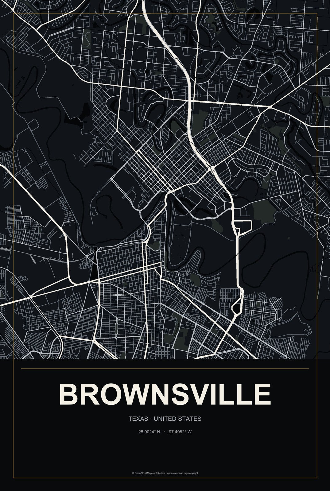 Brownsville, Texas City Map Aluminum Sign in Metropolitan Noir style