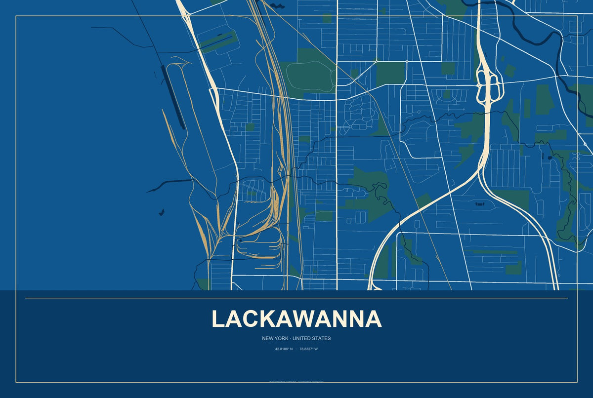 Lackawanna, New York City Map Aluminum Sign in Harbor Cobalt style