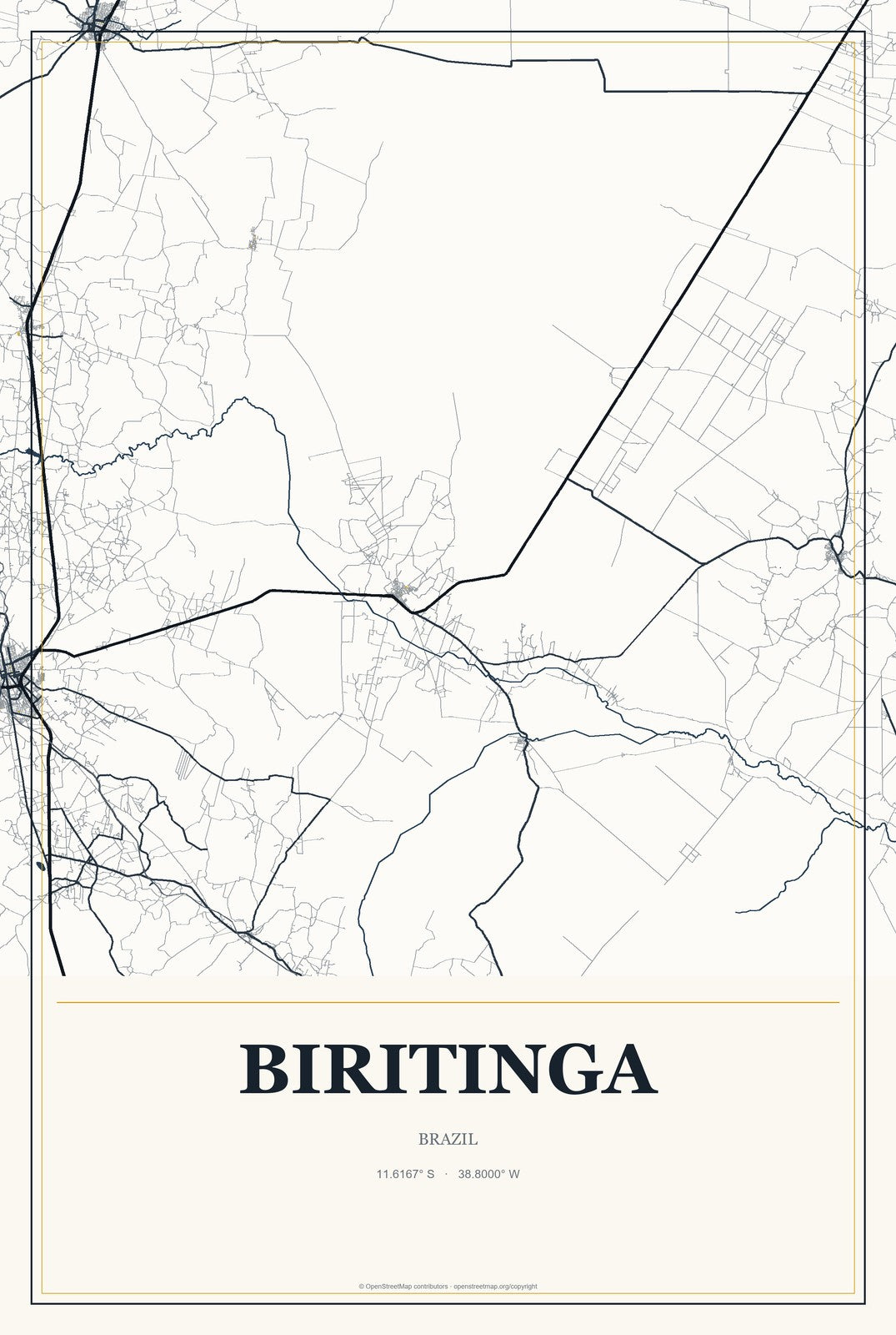 Biritinga, Brazil City Map Aluminum Sign in Citrine Modern style
