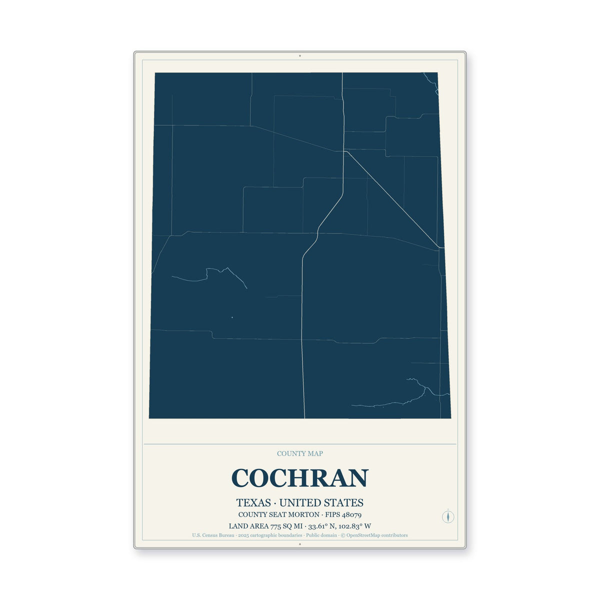 Cochran County, Texas Map Aluminum Sign in Coastal Cutout style