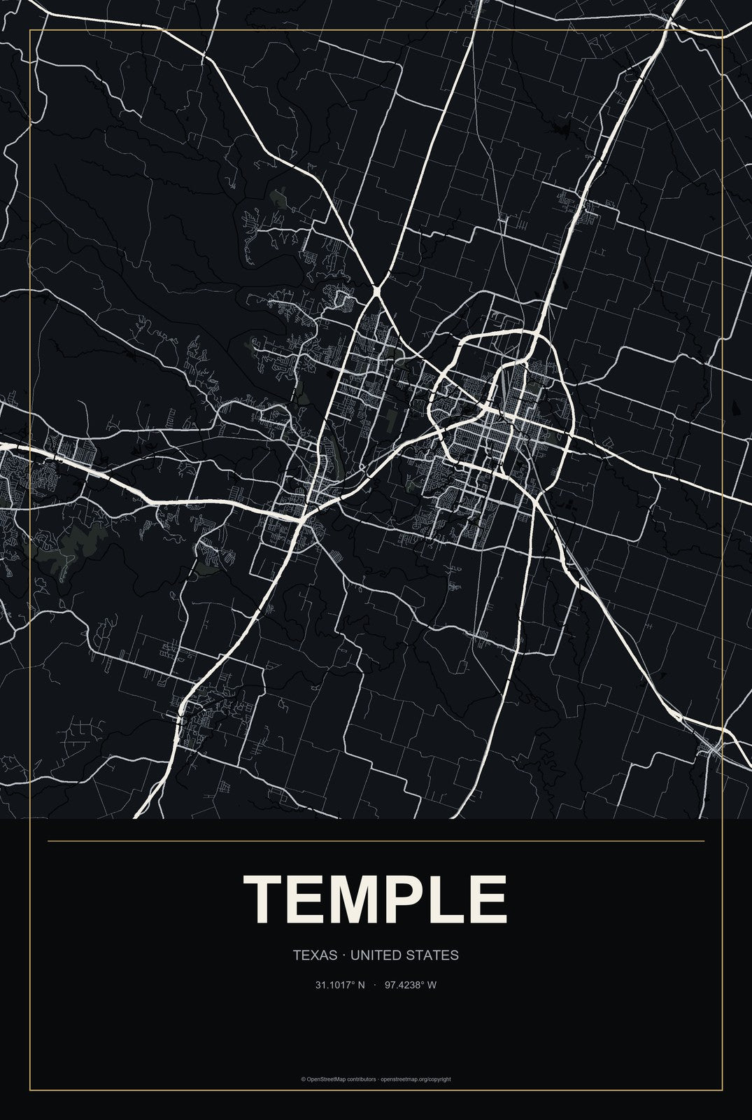 Temple, Texas City Map Aluminum Sign in Metropolitan Noir style
