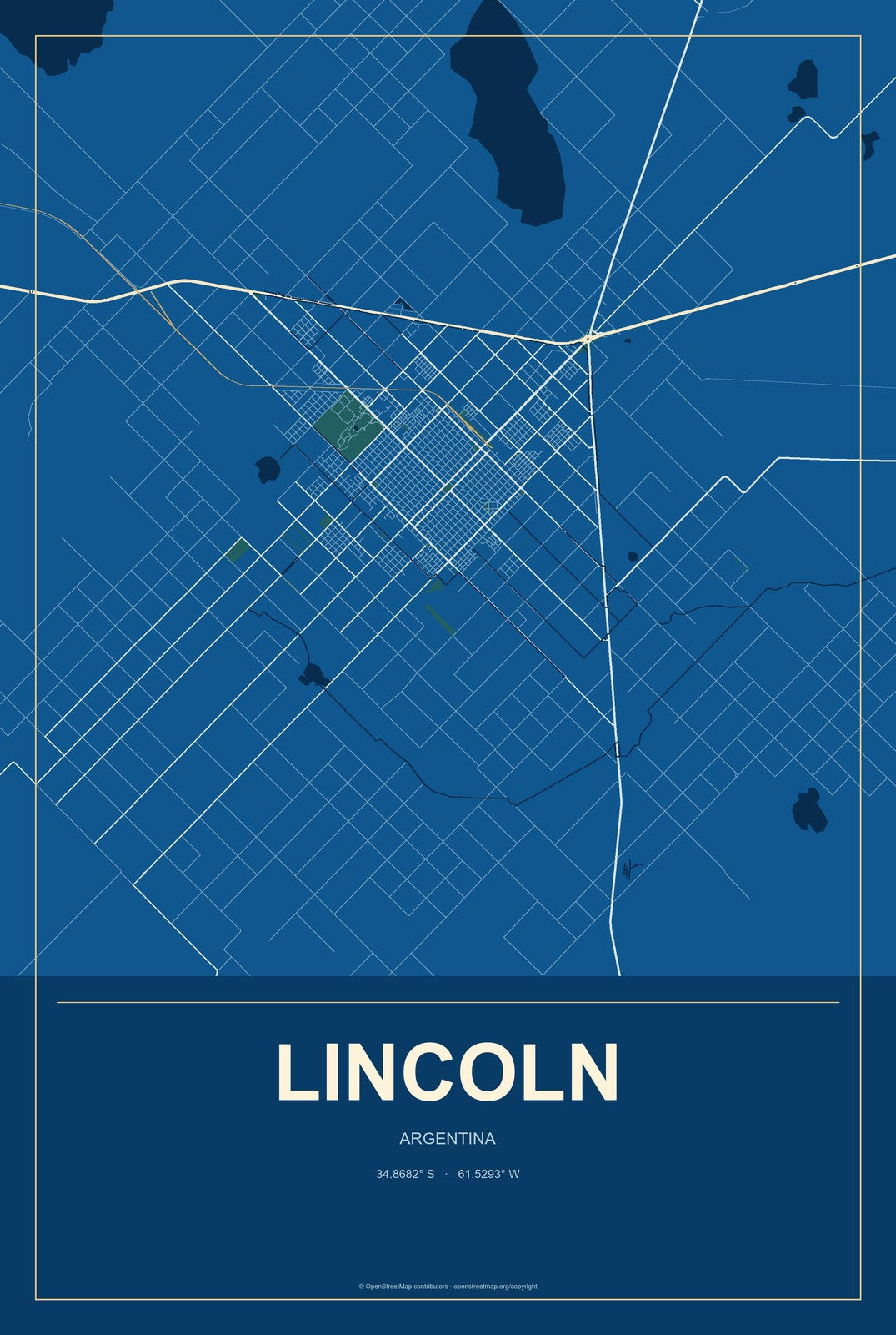 Lincoln, Argentina City Map Aluminum Sign in Harbor Cobalt style