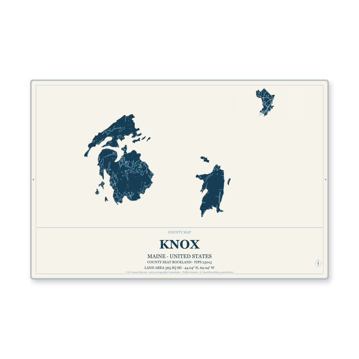 Knox County, Maine Map Aluminum Sign in Coastal Cutout style