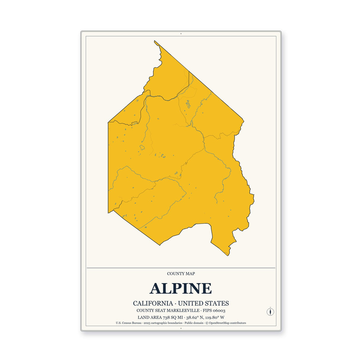 Alpine County, California Map Aluminum Sign in Citrine Modern style