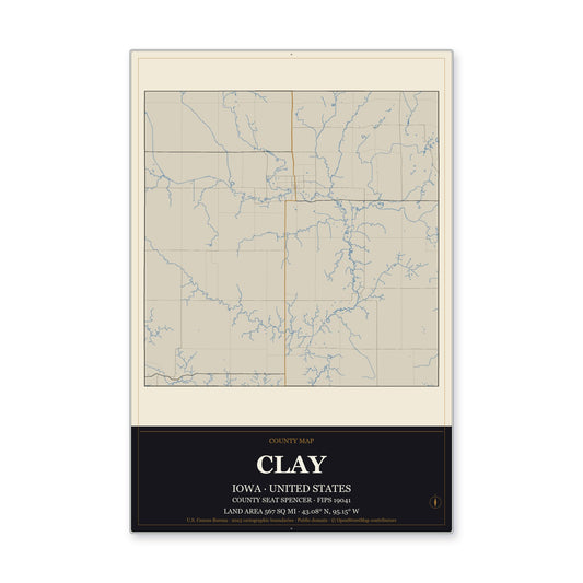 Clay County, Iowa Map Aluminum Sign in Museum Plaque style