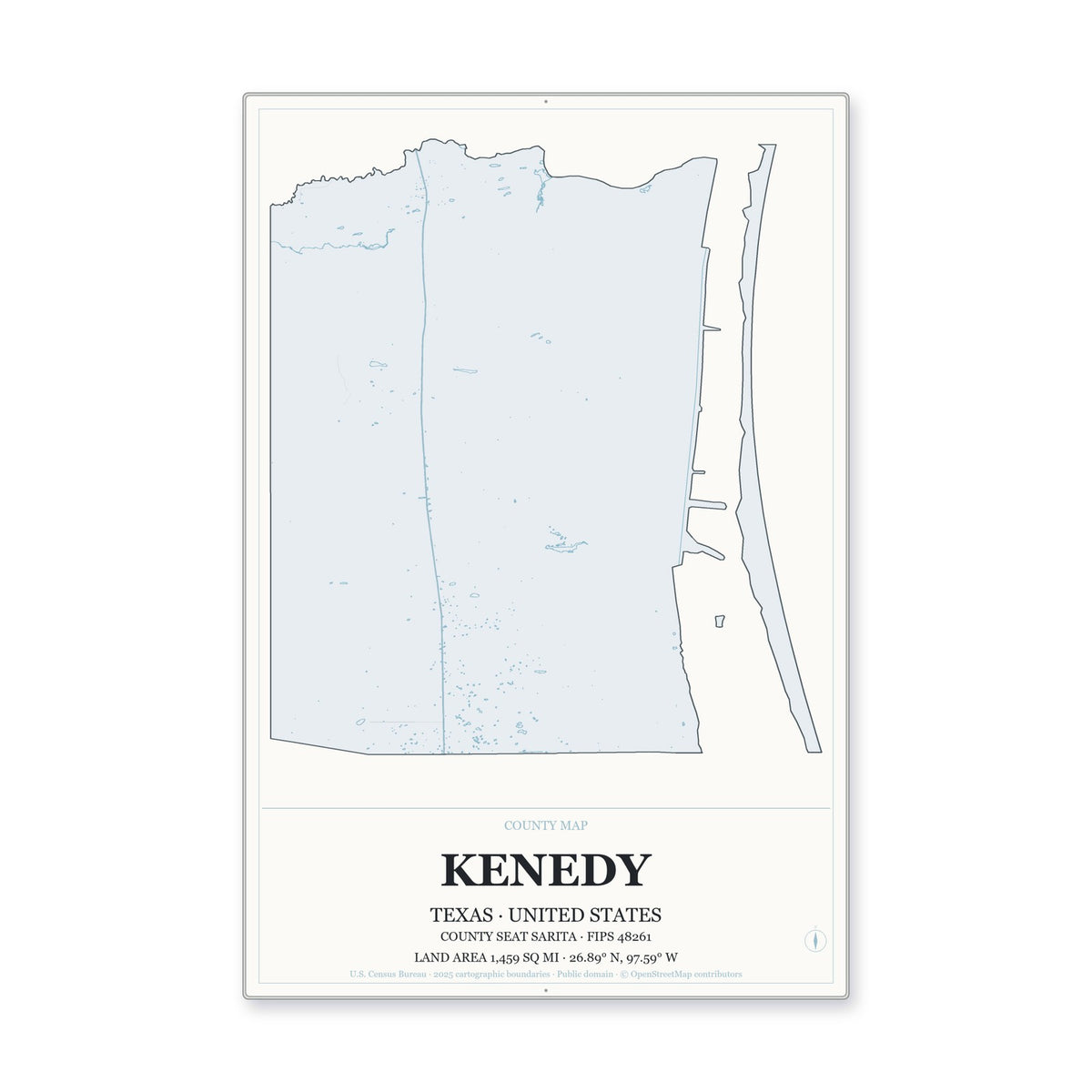 Kenedy County, Texas Map Aluminum Sign in Gallery Air style