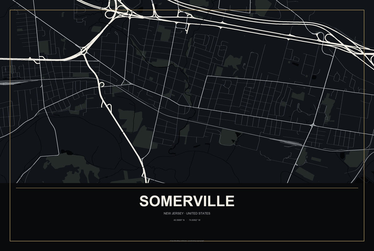 Somerville, New Jersey City Map Aluminum Sign in Metropolitan Noir style