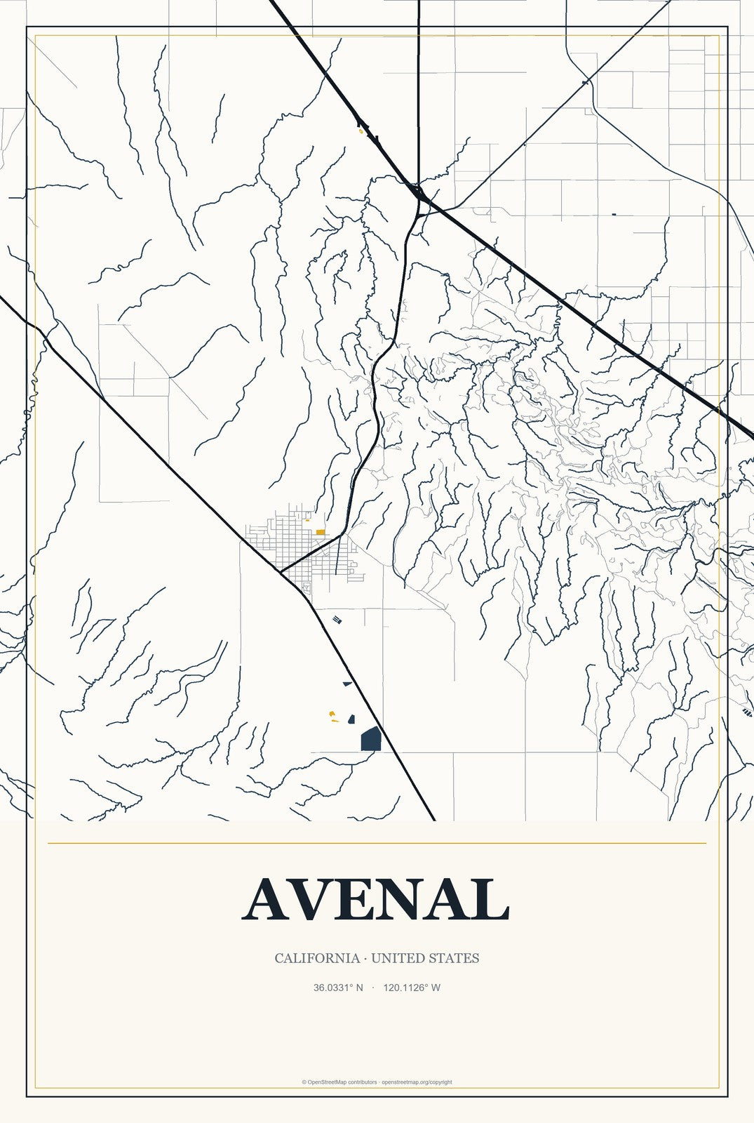 Avenal, California City Map Aluminum Sign in Citrine Modern style