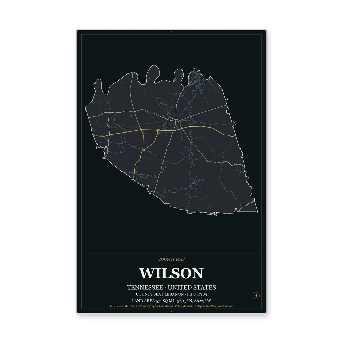 Wilson County, Tennessee Map Aluminum Sign in Metropolitan Noir style