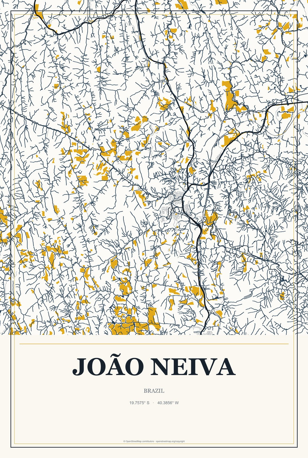 João Neiva, Brazil City Map Aluminum Sign in Citrine Modern style