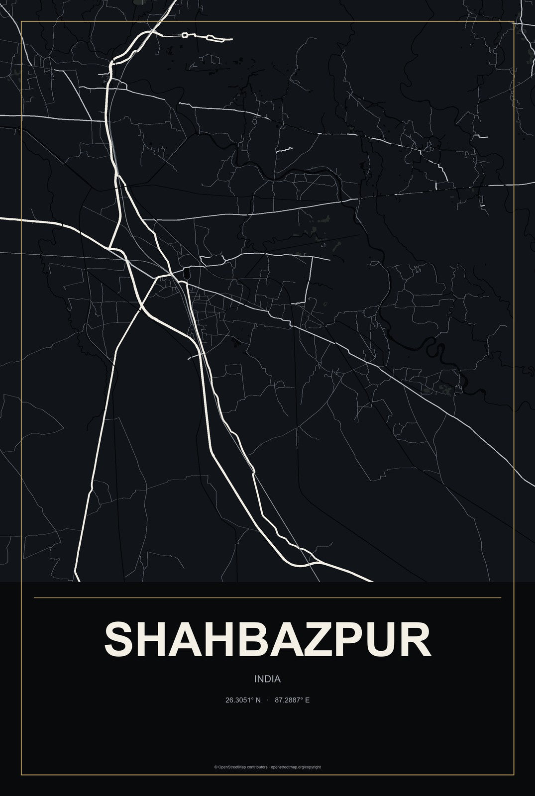 Shahbazpur, India City Map Aluminum Sign in Metropolitan Noir style