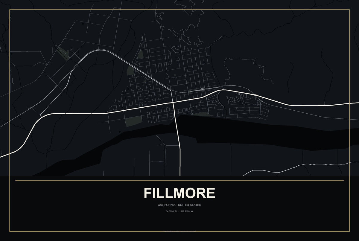 Fillmore, California City Map Aluminum Sign in Metropolitan Noir style