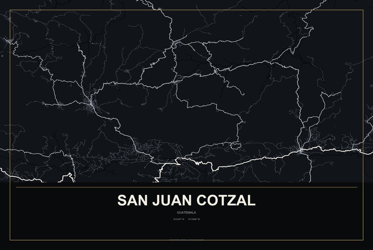 San Juan Cotzal, Guatemala City Map Aluminum Sign in Metropolitan Noir style