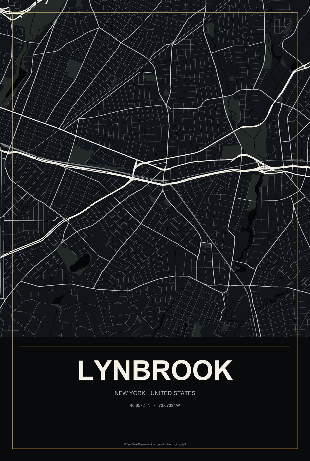 Lynbrook, New York City Map Aluminum Sign in Metropolitan Noir style