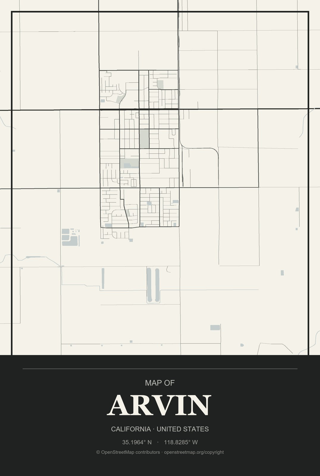 Arvin, California City Map Aluminum Sign in Museum Plaque style