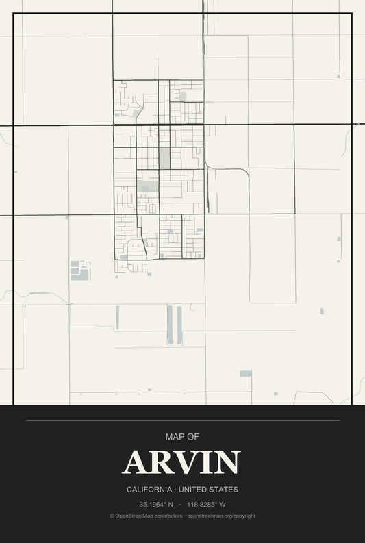 Arvin, California City Map Aluminum Sign in Museum Plaque style