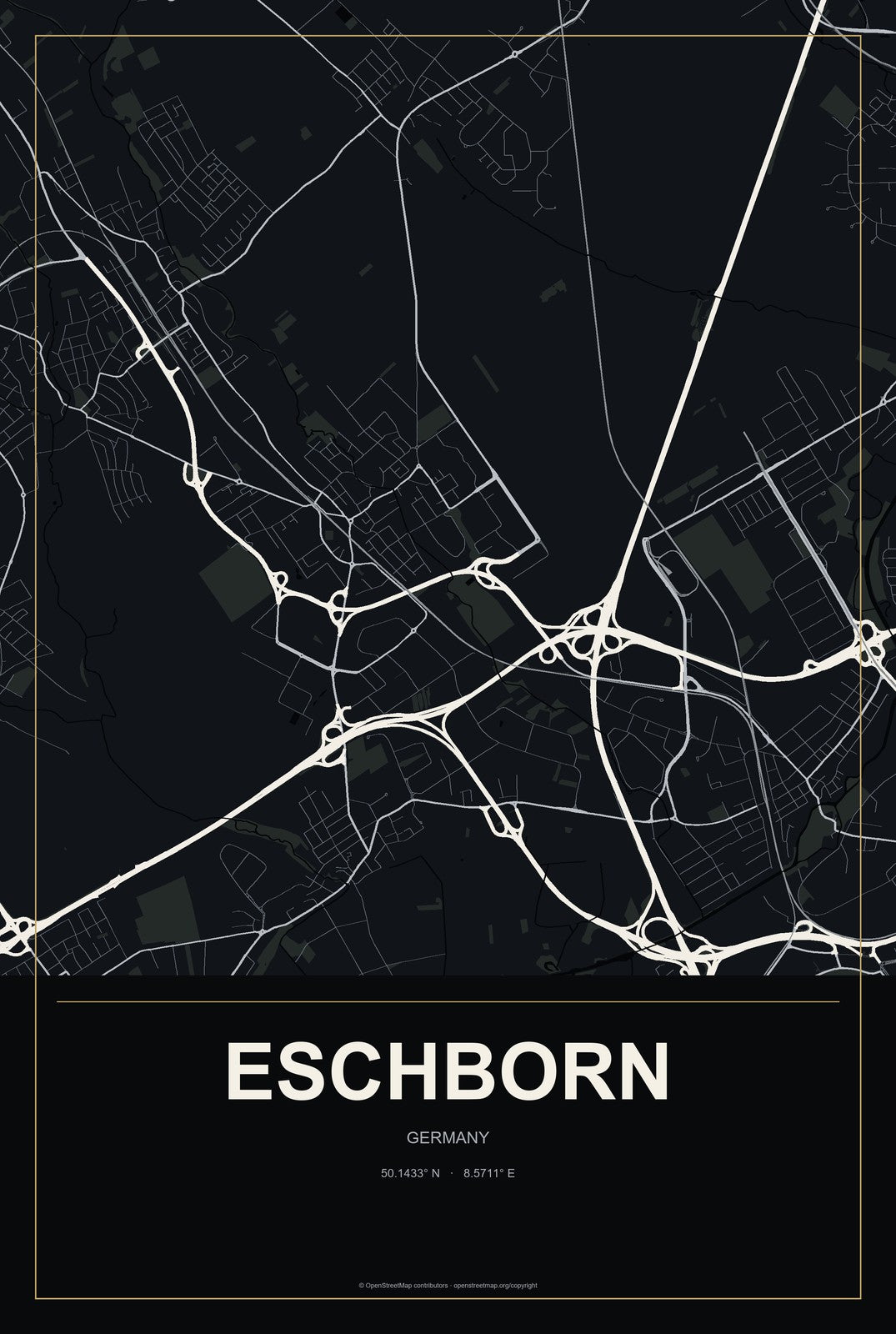 Eschborn, Germany City Map Aluminum Sign in Metropolitan Noir style