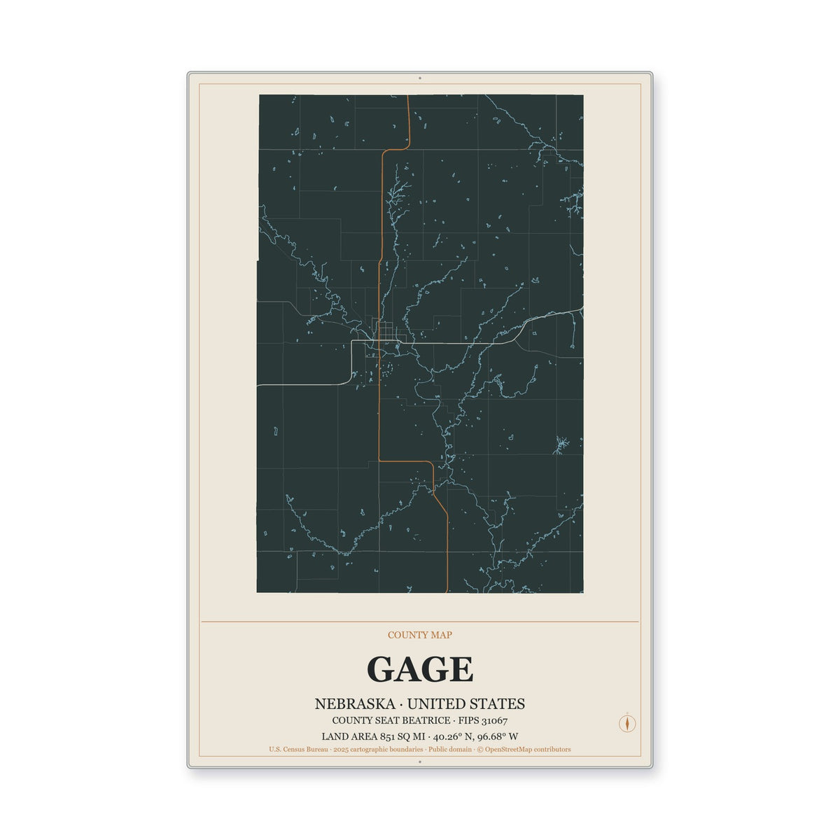 Gage County, Nebraska Map Aluminum Sign in Headline Atlas style