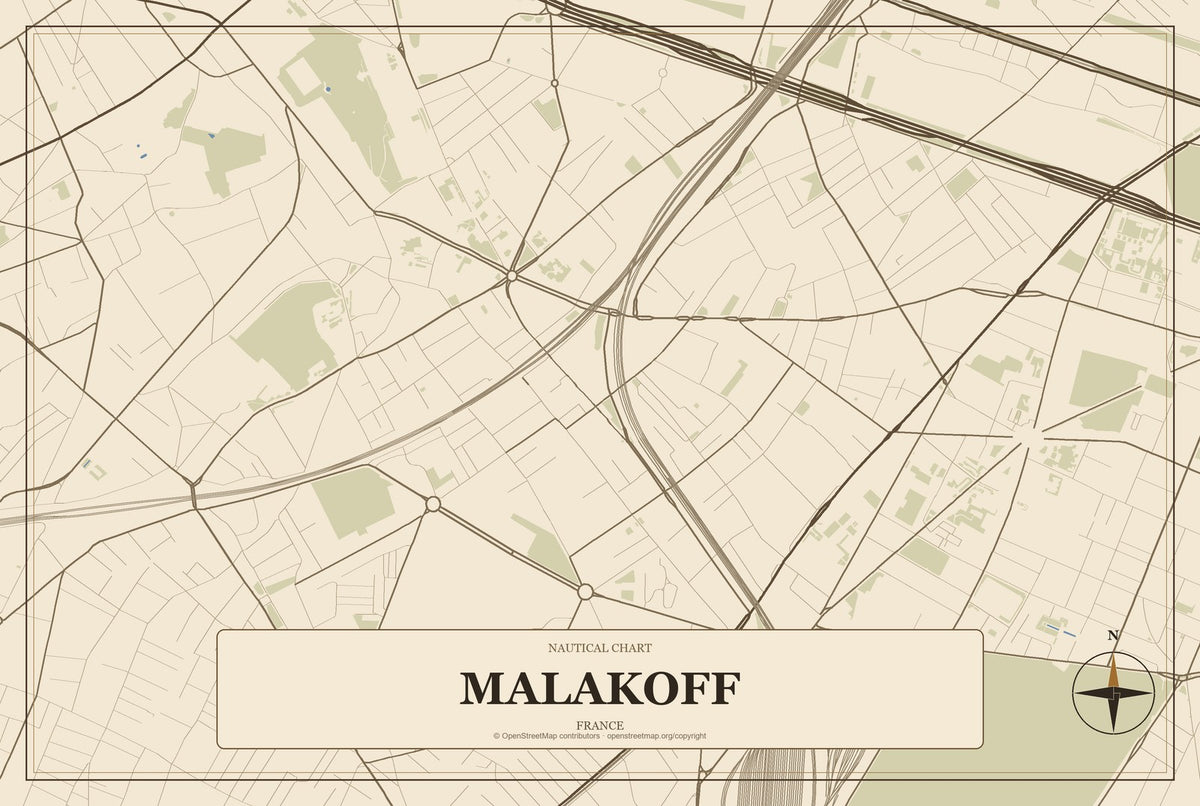 Malakoff, France City Map Aluminum Sign in Heritage Nautical style