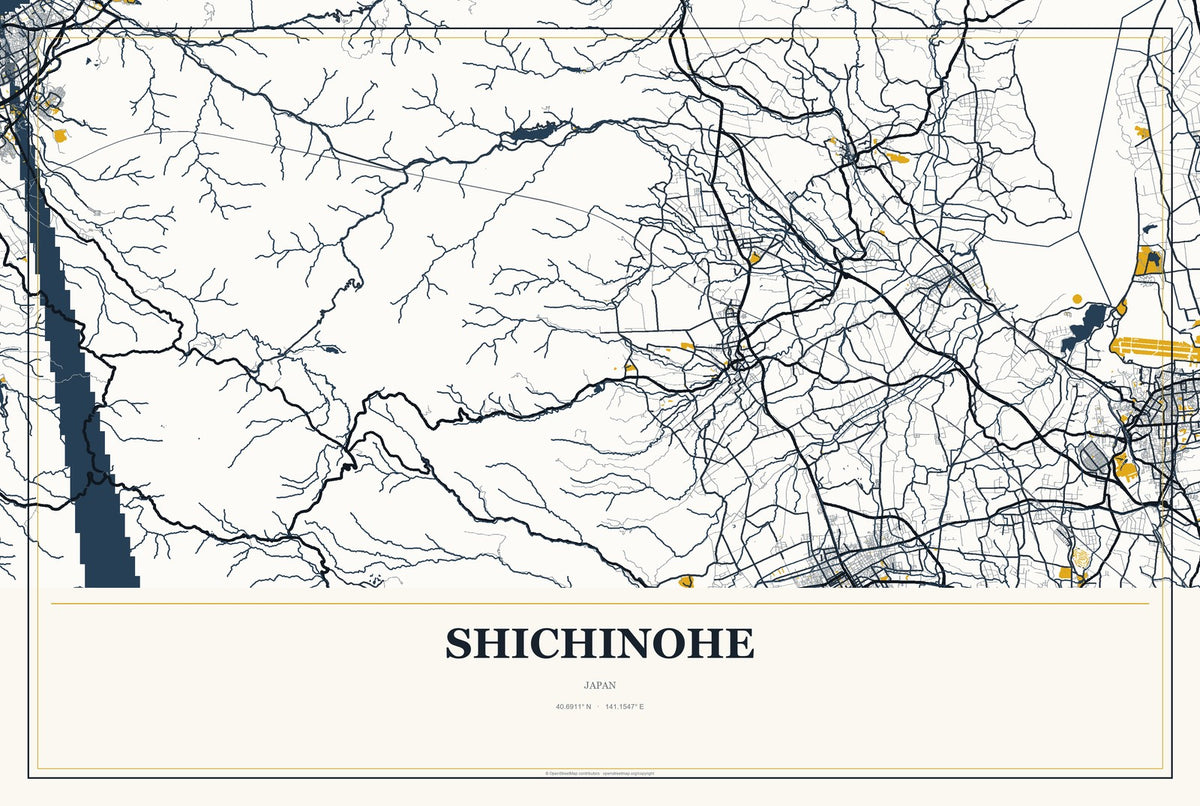 Shichinohe, Japan City Map Aluminum Sign in Citrine Modern style
