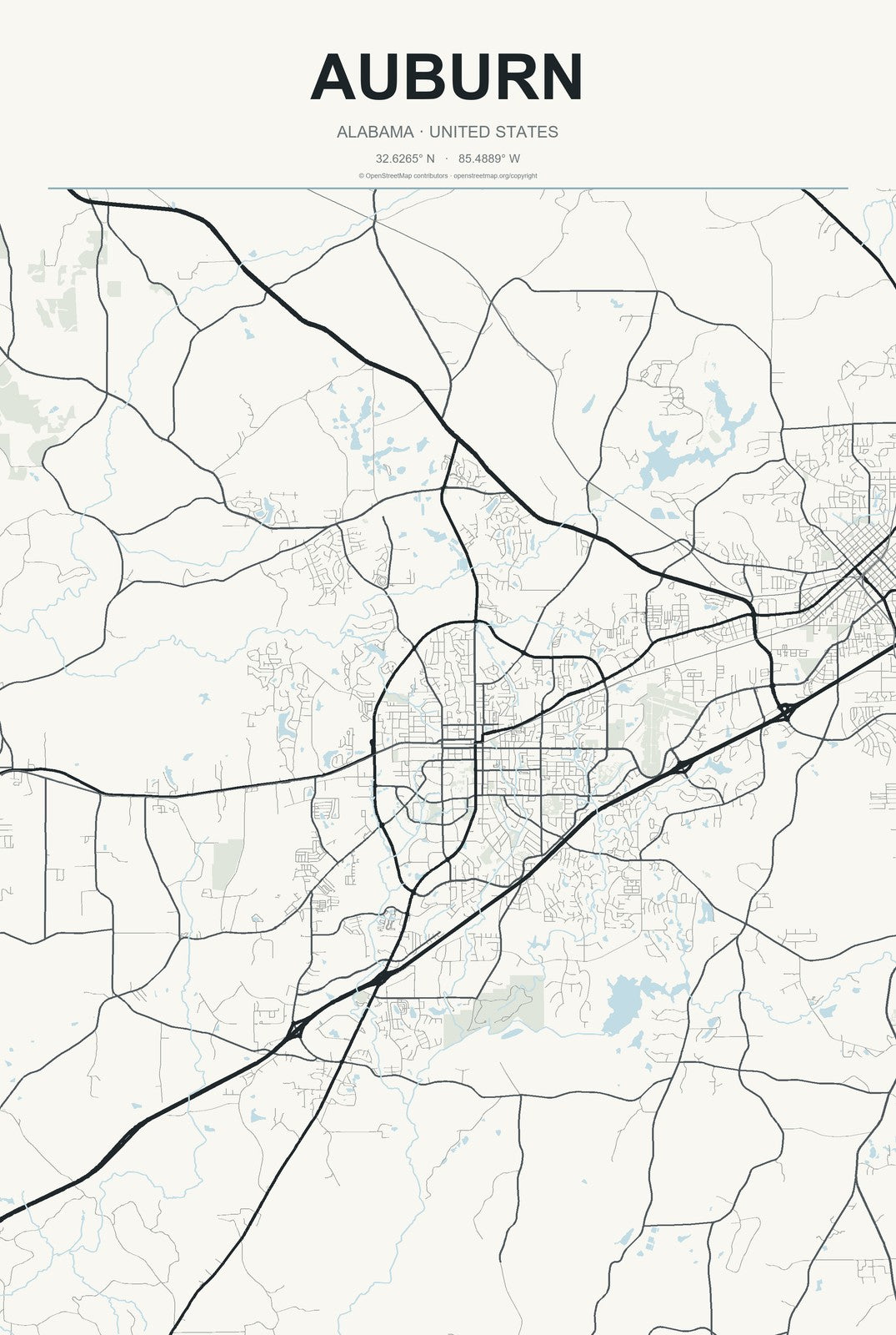Auburn, Alabama City Map Aluminum Sign in Headline Atlas style