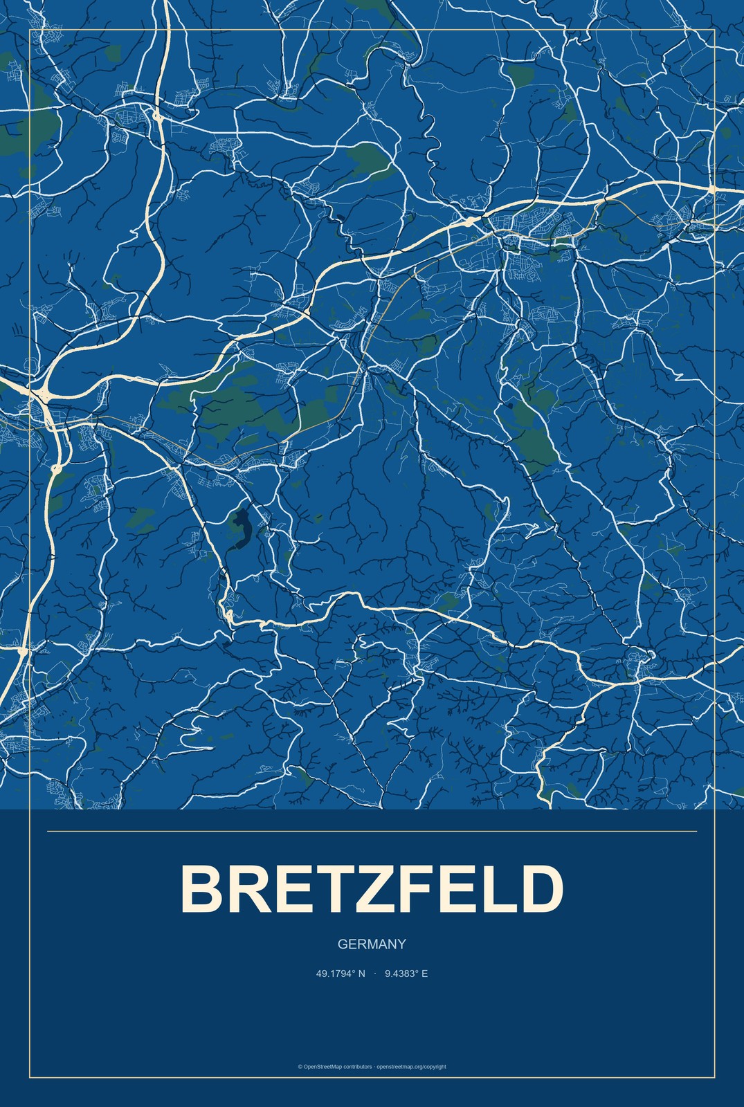 Bretzfeld, Germany City Map Aluminum Sign in Harbor Cobalt style