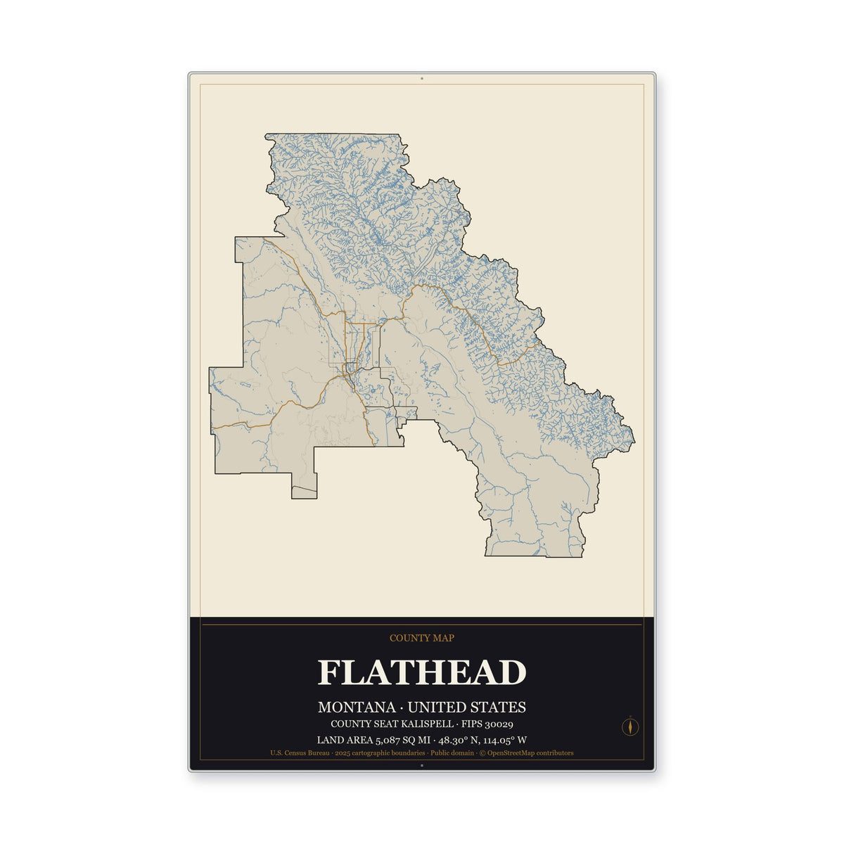 Flathead County, Montana Map Aluminum Sign in Museum Plaque style