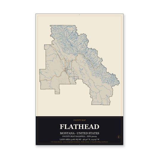 Flathead County, Montana Map Aluminum Sign in Museum Plaque style