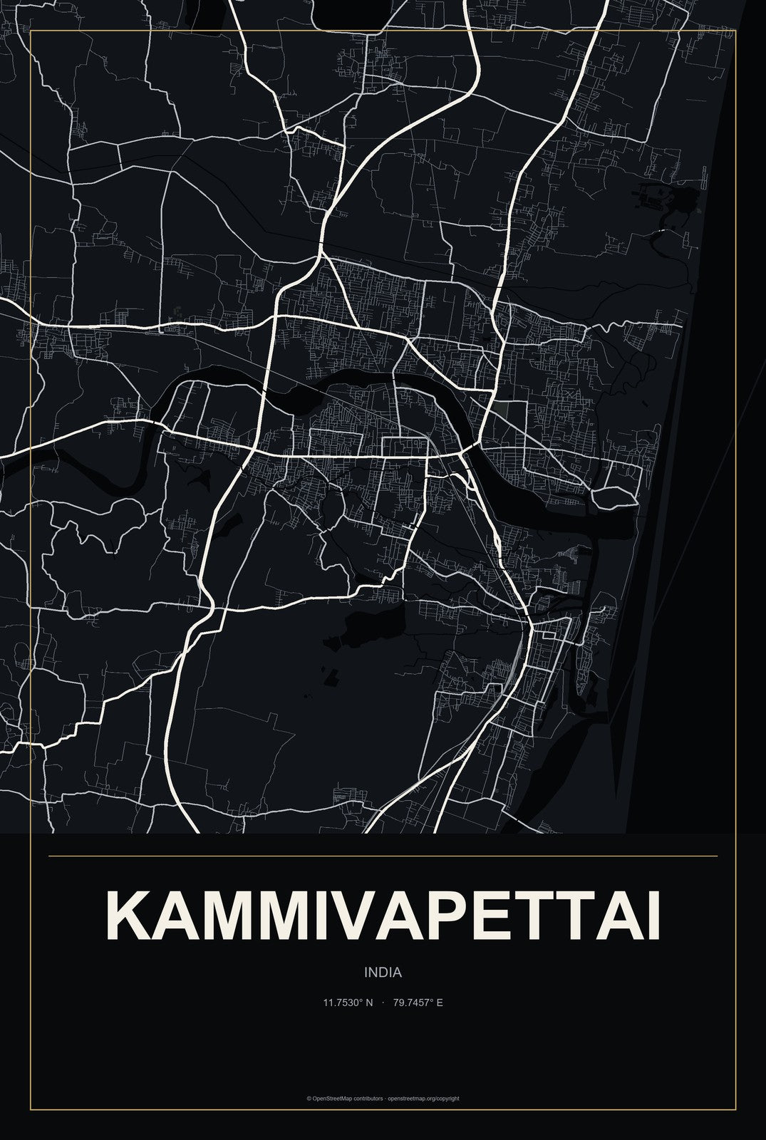 Kammivapettai, India City Map Aluminum Sign in Metropolitan Noir style