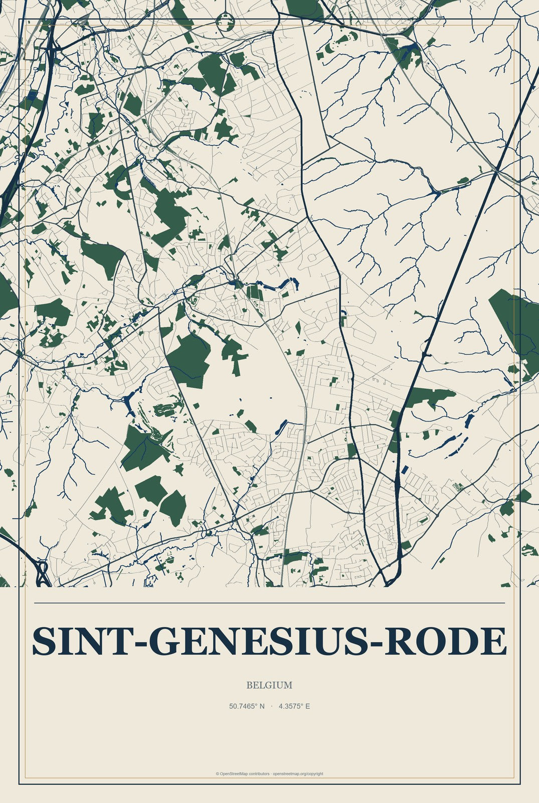 Sint-Genesius-Rode, Belgium City Map Aluminum Sign in Coastal Cutout style