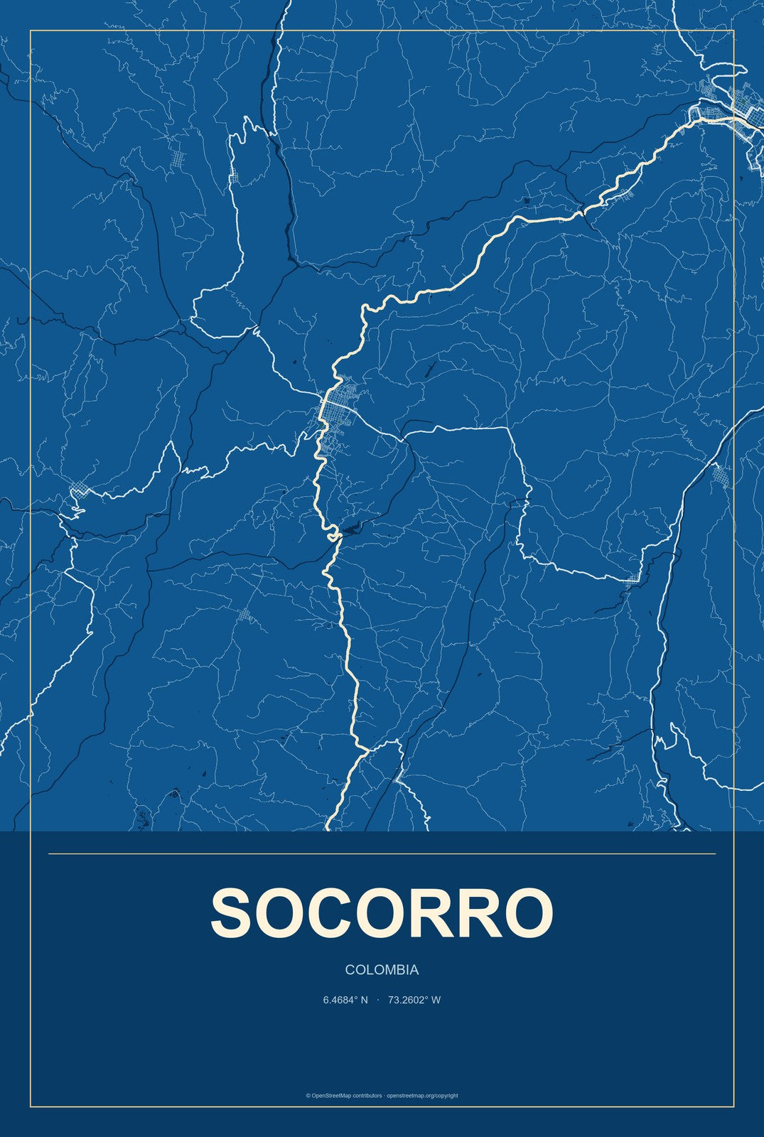 Socorro, Colombia City Map Aluminum Sign in Harbor Cobalt style