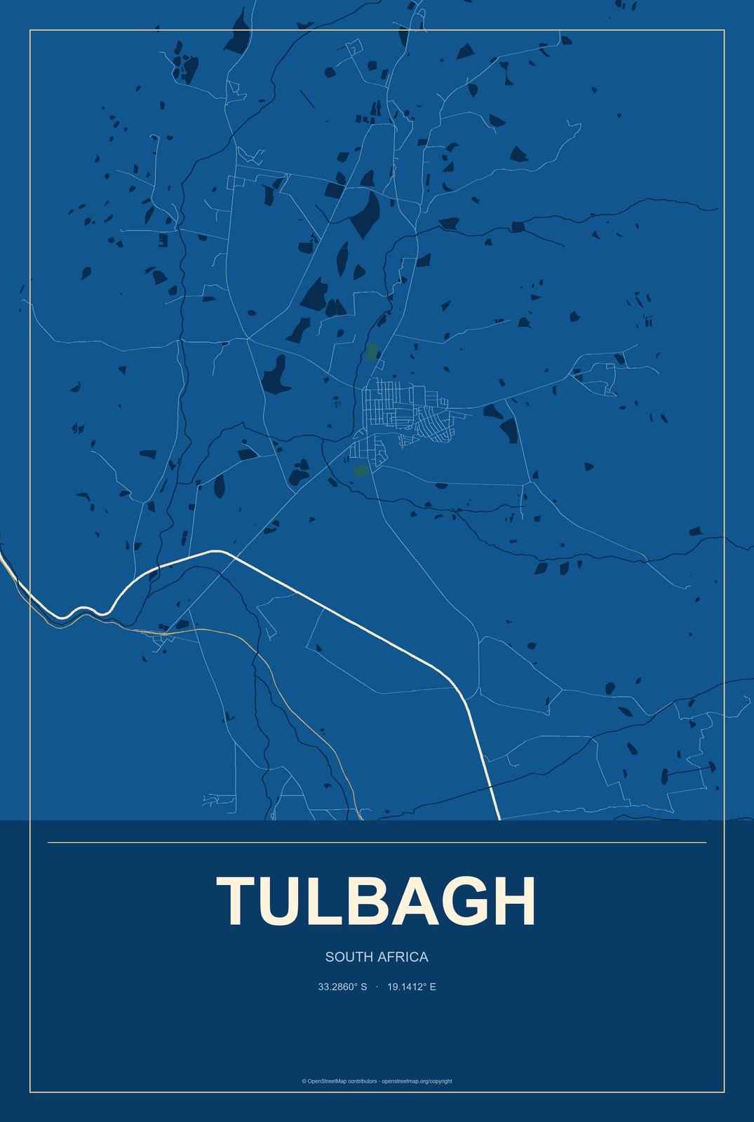 Tulbagh, South Africa City Map Aluminum Sign in Harbor Cobalt style