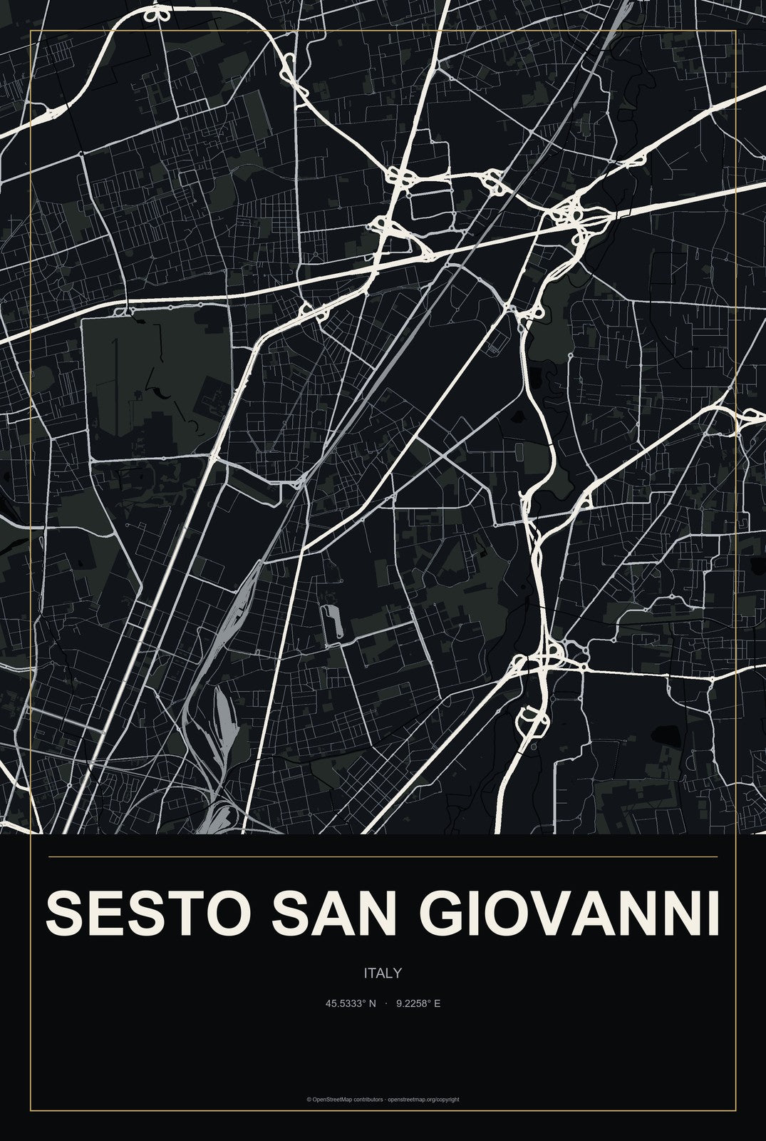 Sesto San Giovanni, Italy City Map Aluminum Sign in Metropolitan Noir style