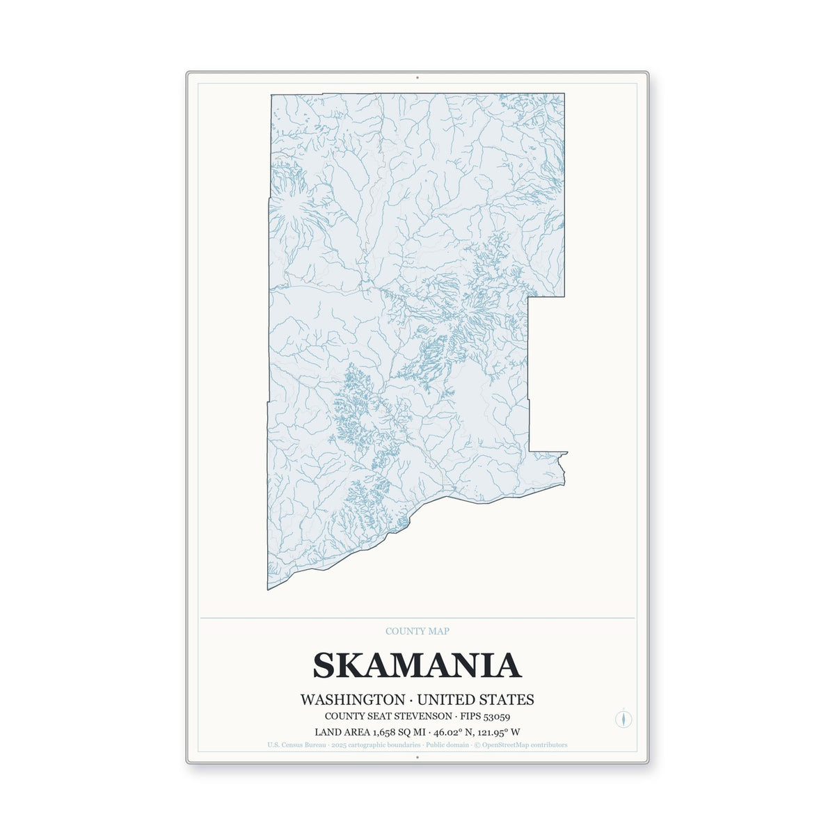 Skamania County, Washington Map Aluminum Sign in Gallery Air style