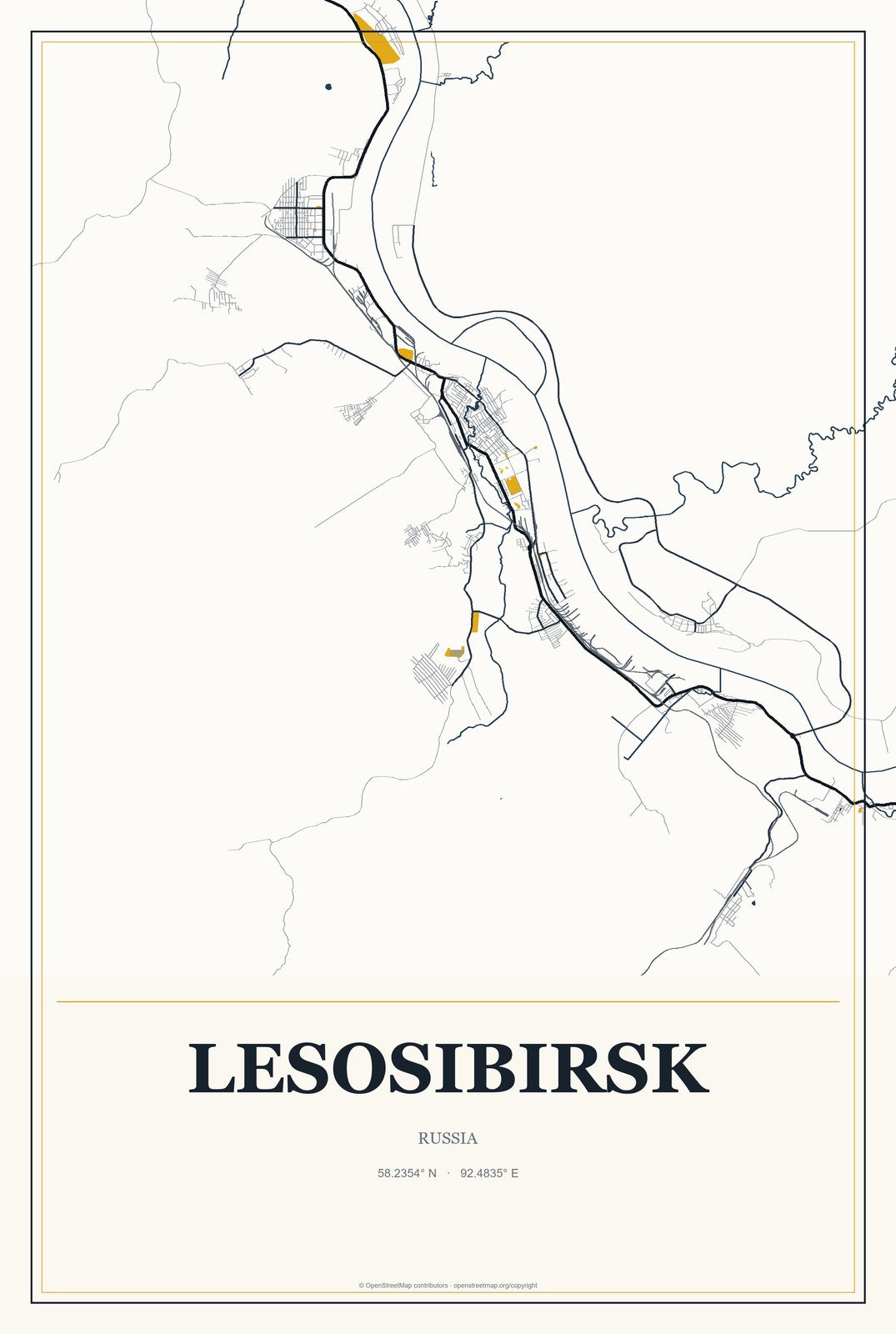 Lesosibirsk, Russia City Map Aluminum Sign in Citrine Modern style