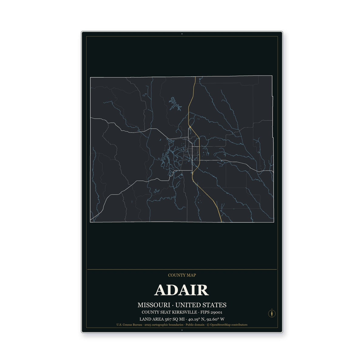 Adair County, Missouri Map Aluminum Sign in Metropolitan Noir style