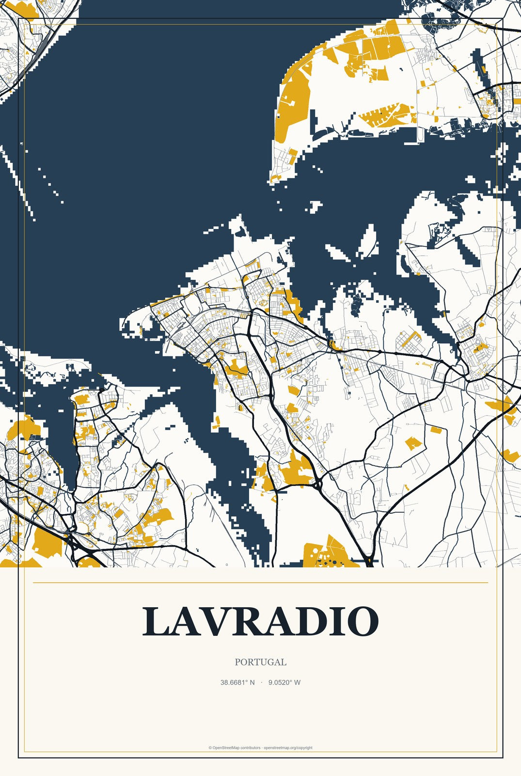 Lavradio, Portugal City Map Aluminum Sign in Citrine Modern style