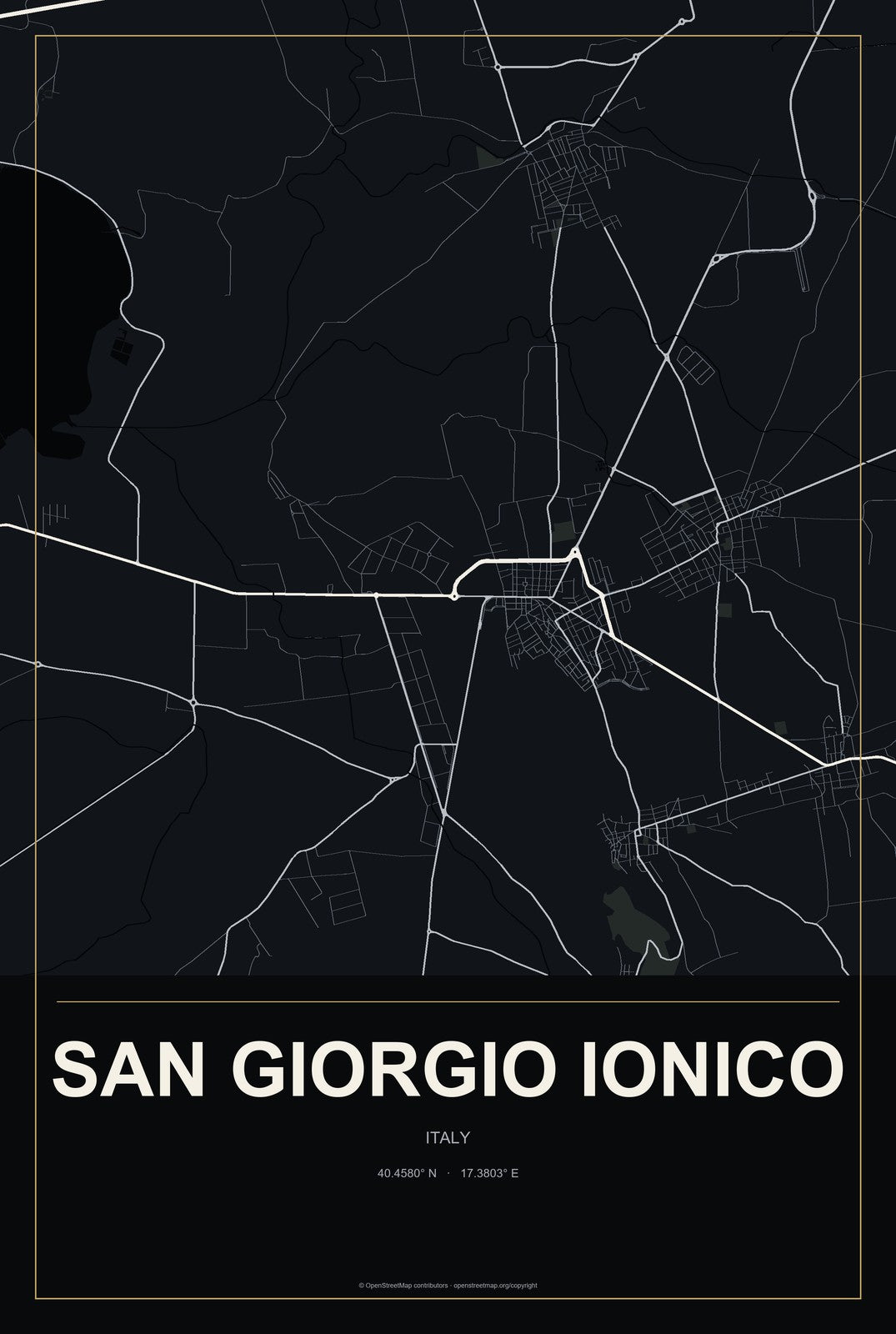 San Giorgio Ionico, Italy City Map Aluminum Sign in Metropolitan Noir style