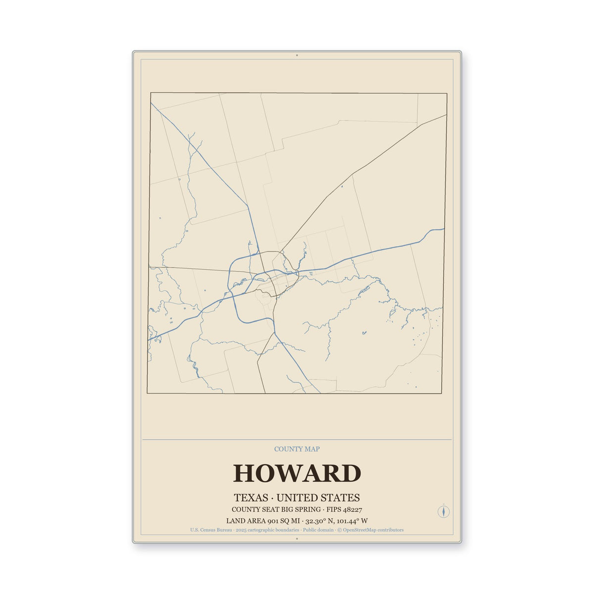 Howard County, Texas Map Aluminum Sign in Heritage Nautical style