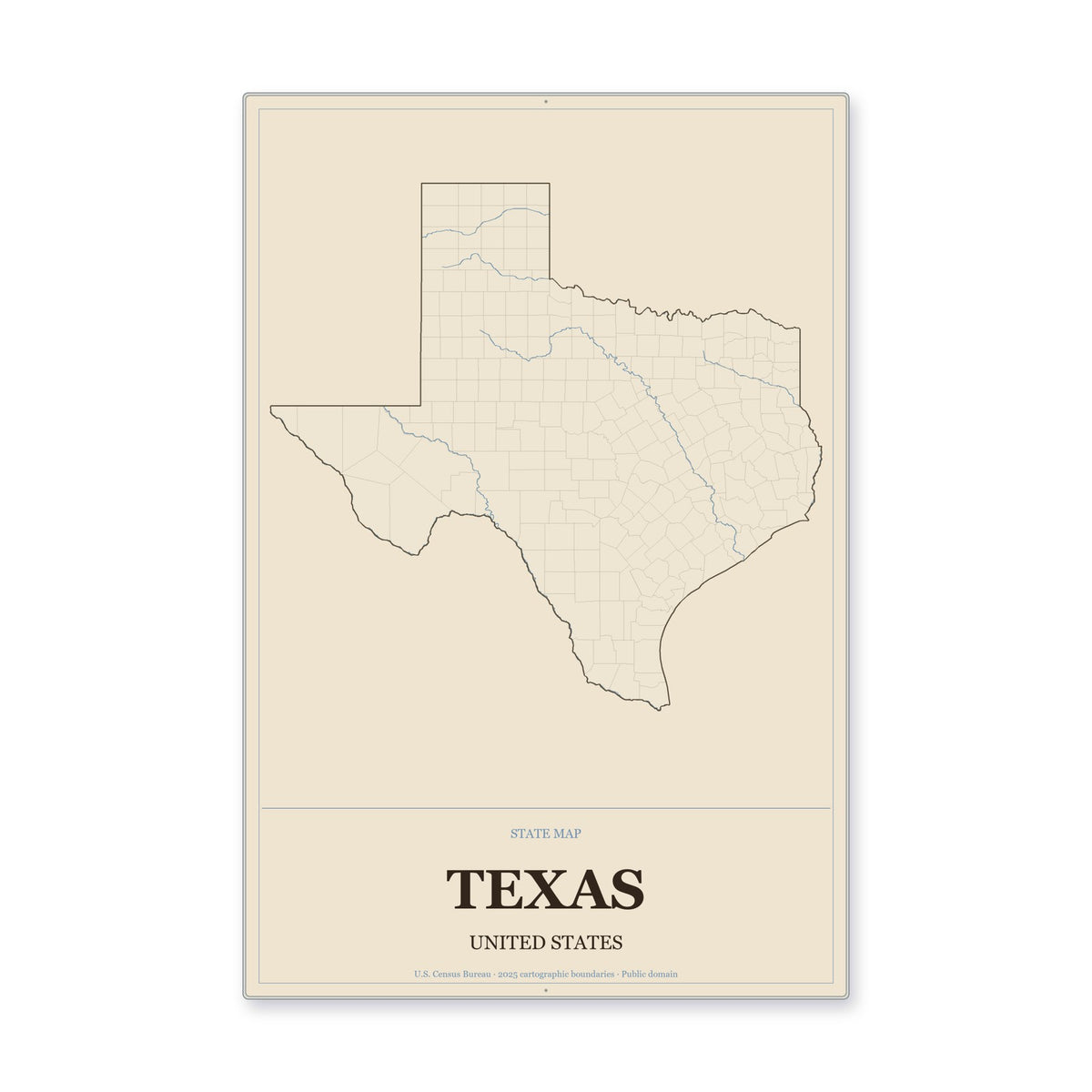 Texas state map aluminum sign in Heritage Nautical style