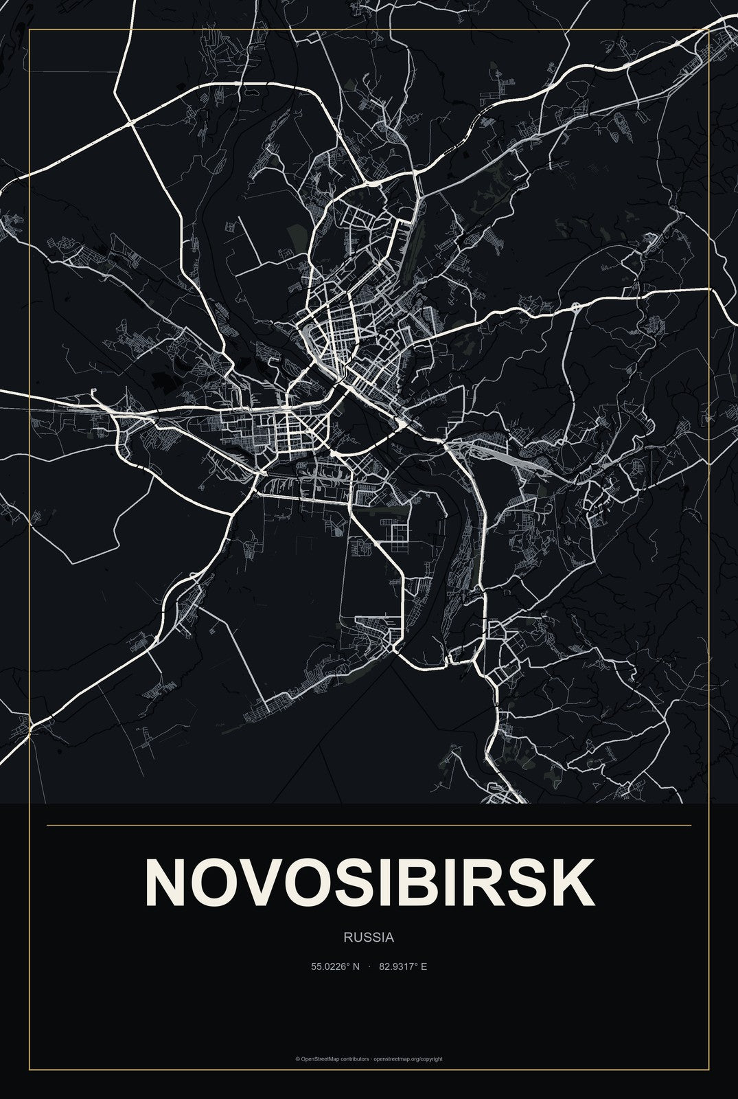Novosibirsk, Russia City Map Aluminum Sign in Metropolitan Noir style