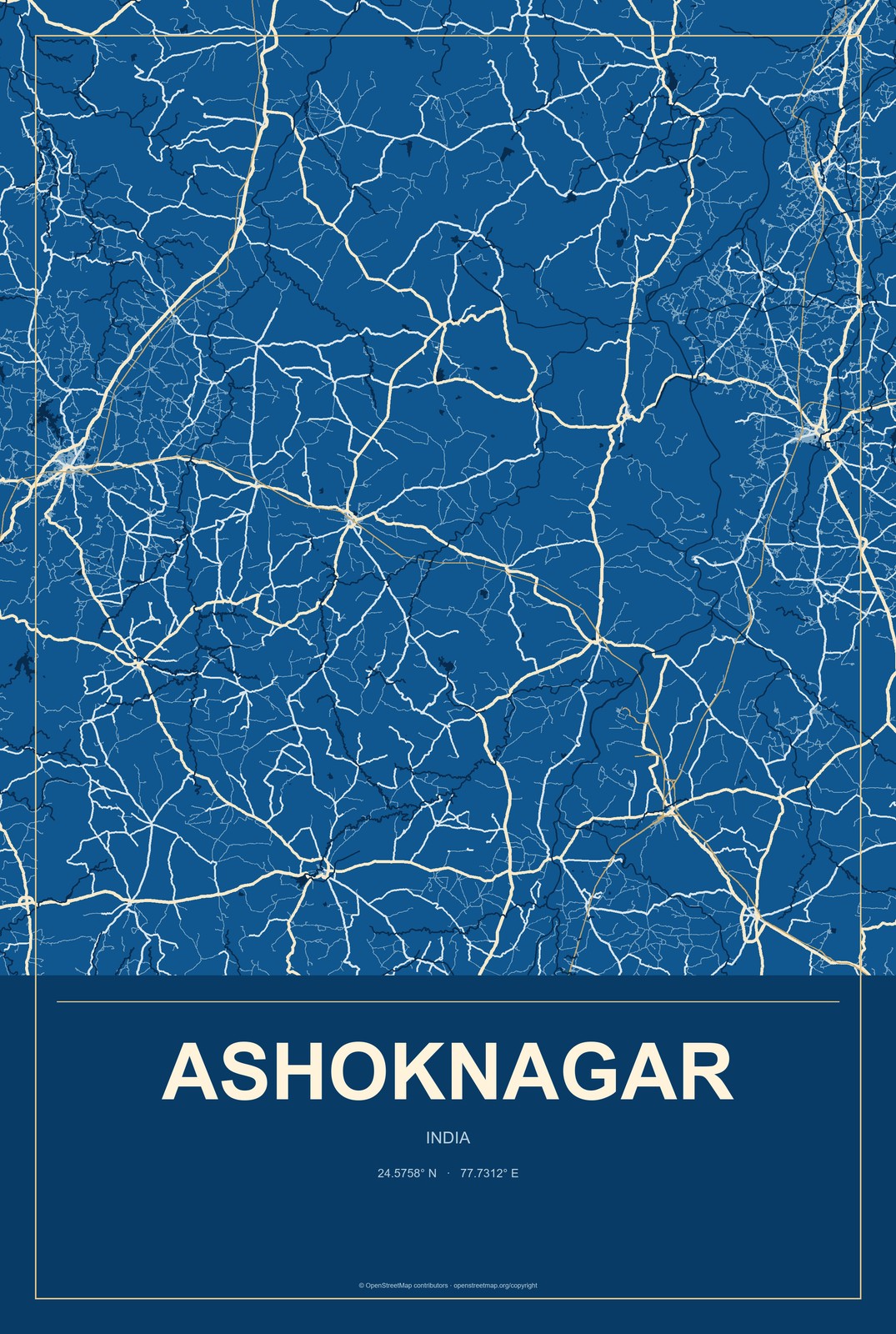 Ashoknagar, India City Map Aluminum Sign in Harbor Cobalt style