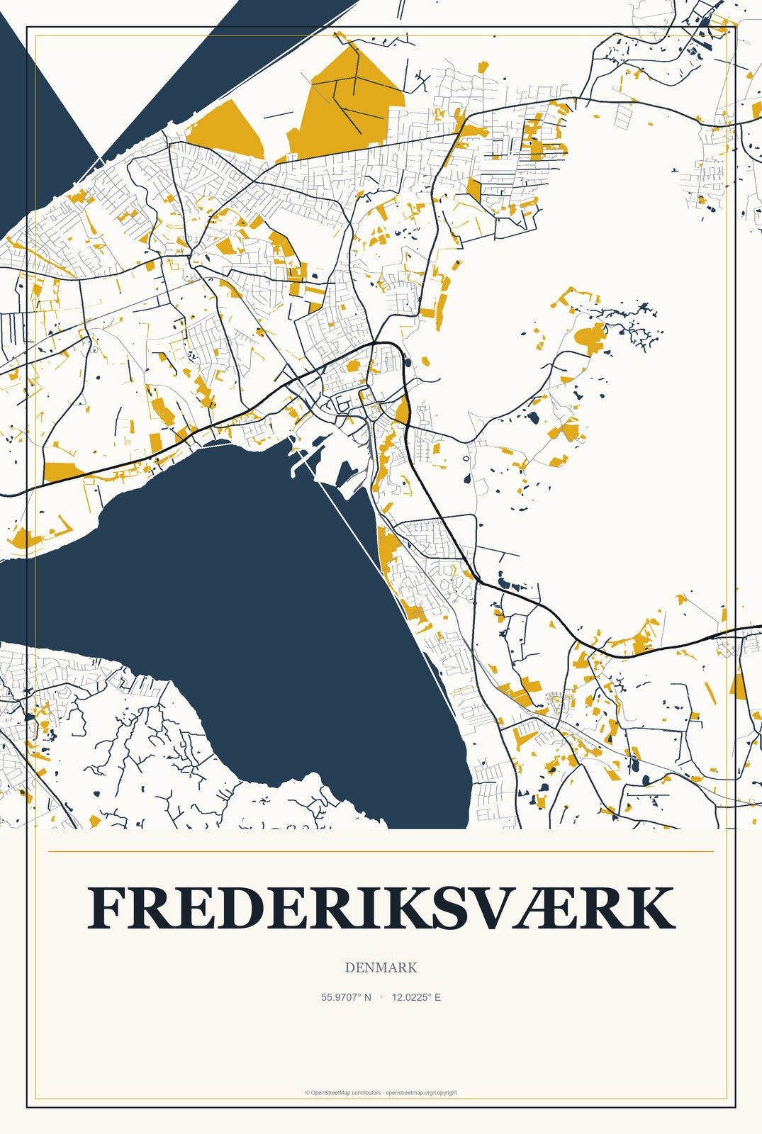 Frederiksværk, Denmark City Map Aluminum Sign in Citrine Modern style